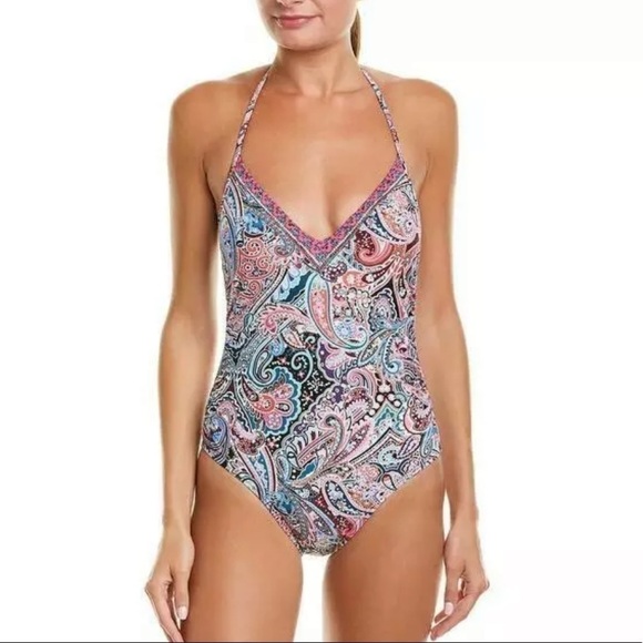 La Blanca Women's Blue Multi Swirling Around Paisley Halter One-Piece Swimsuit - Picture 1 of 8